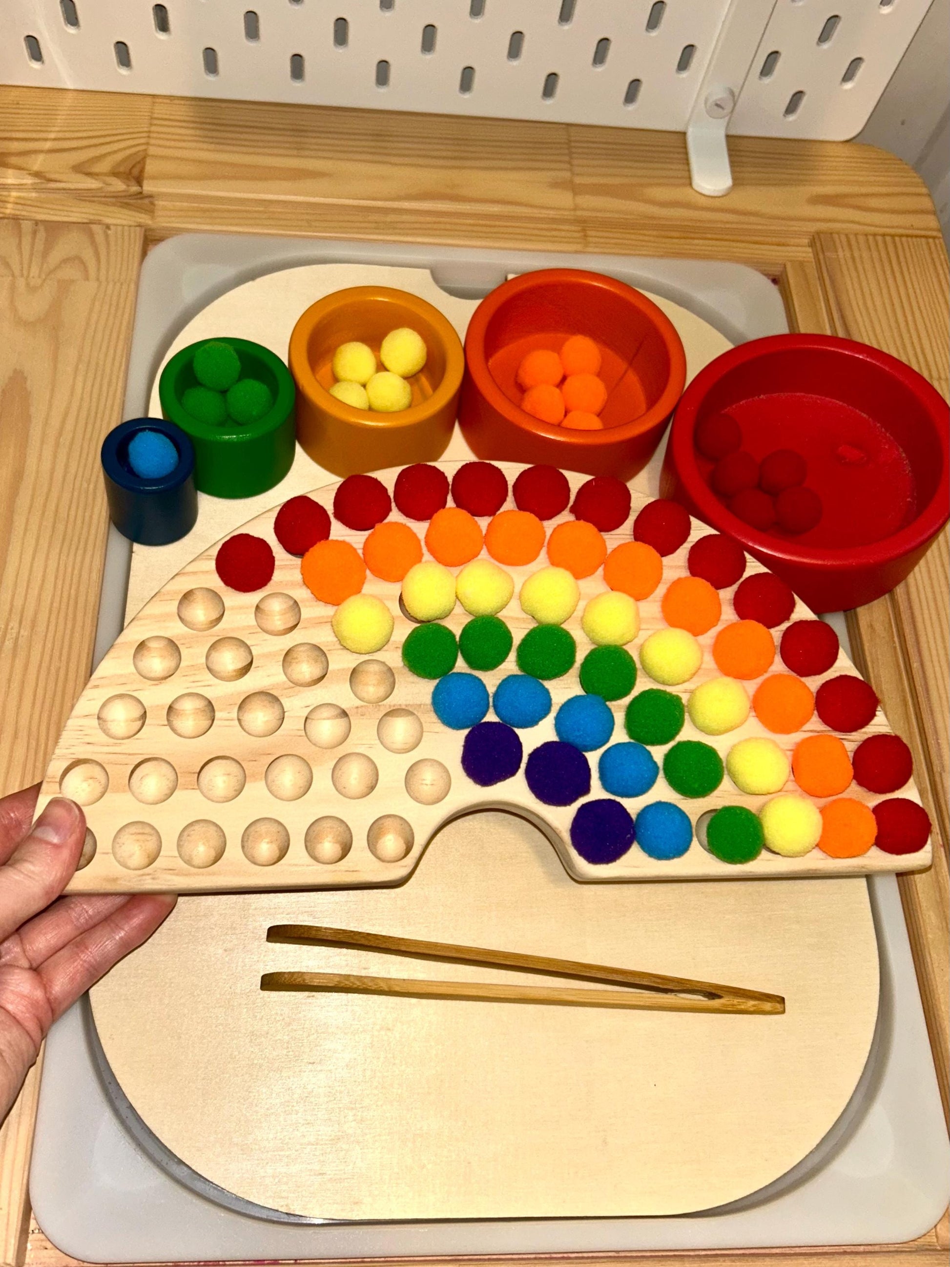 Wooden Rainbow Color Sorter Toy with Pompoms & Wood Tweezers | Montessori Fine Motor Activity | Toddler Sorting Game | Sensory Play Learning