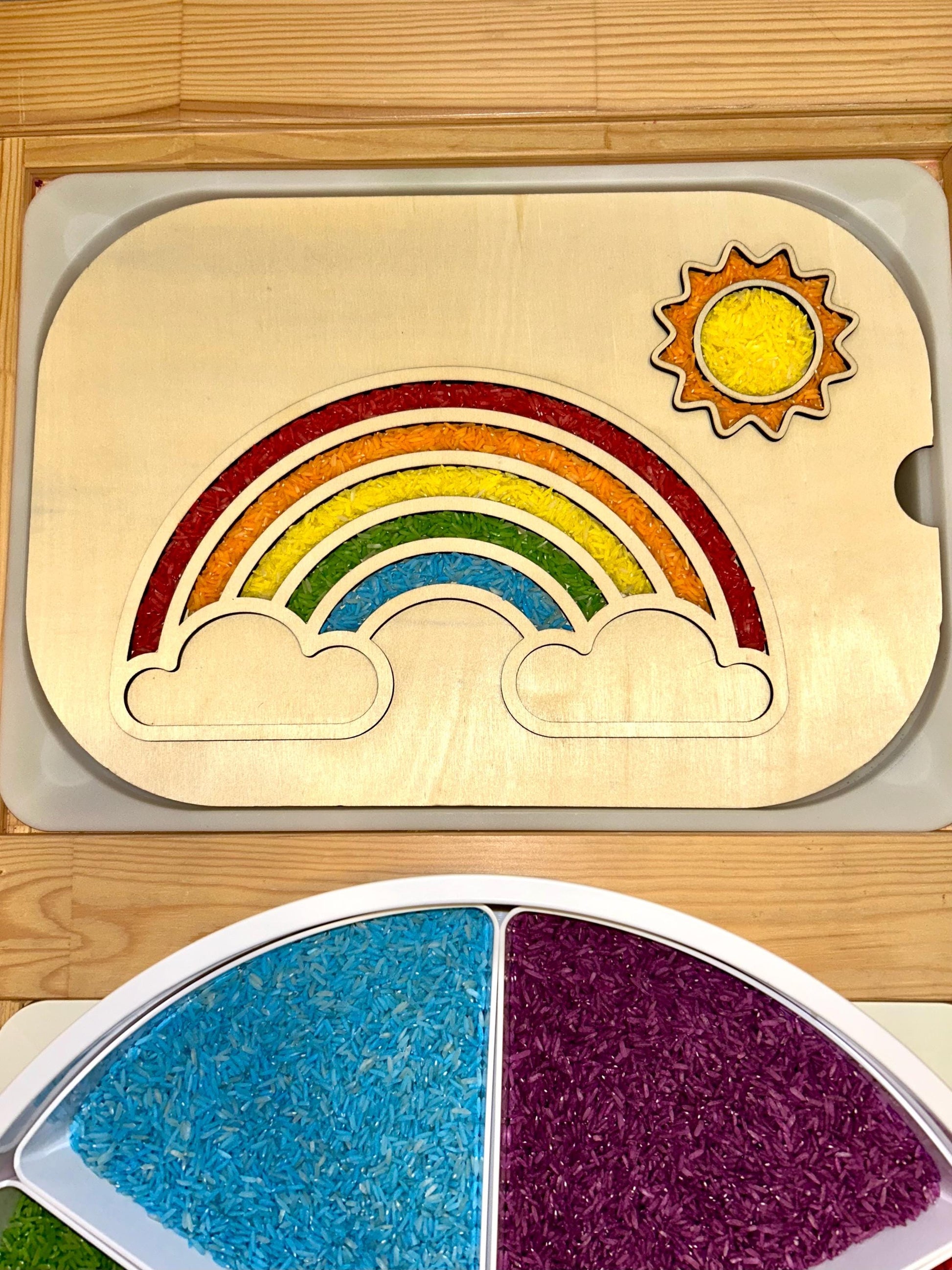 Fillable TROFAST Lid | Wooden Flisat Sensory Table Insert | Rainbow & Sunshine Shapes | Unfinished or Handpainted Montessori Activity