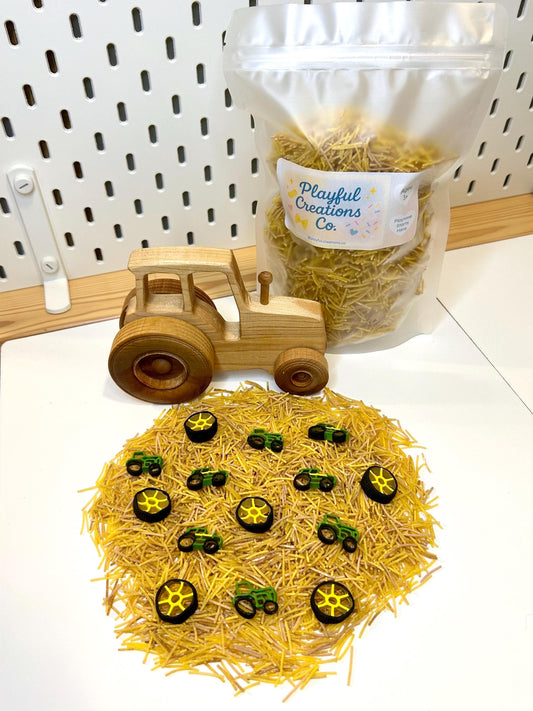 Farm Tractor Sensory Filler | Hay Pasta Sensory Bin Mix | Tractor Wheel Pasta | Montessori Farm Sensory Play | Playful Creations Co.