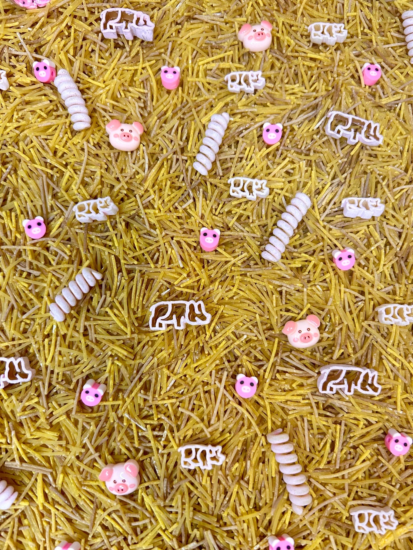 Farmyard Sensory Filler Mix | Pig-Themed Play Bin Filler | Hay & Brown Rice “Mud” | Pink Pig Tail Pasta | Piglet Farm Sensory Play for Kids