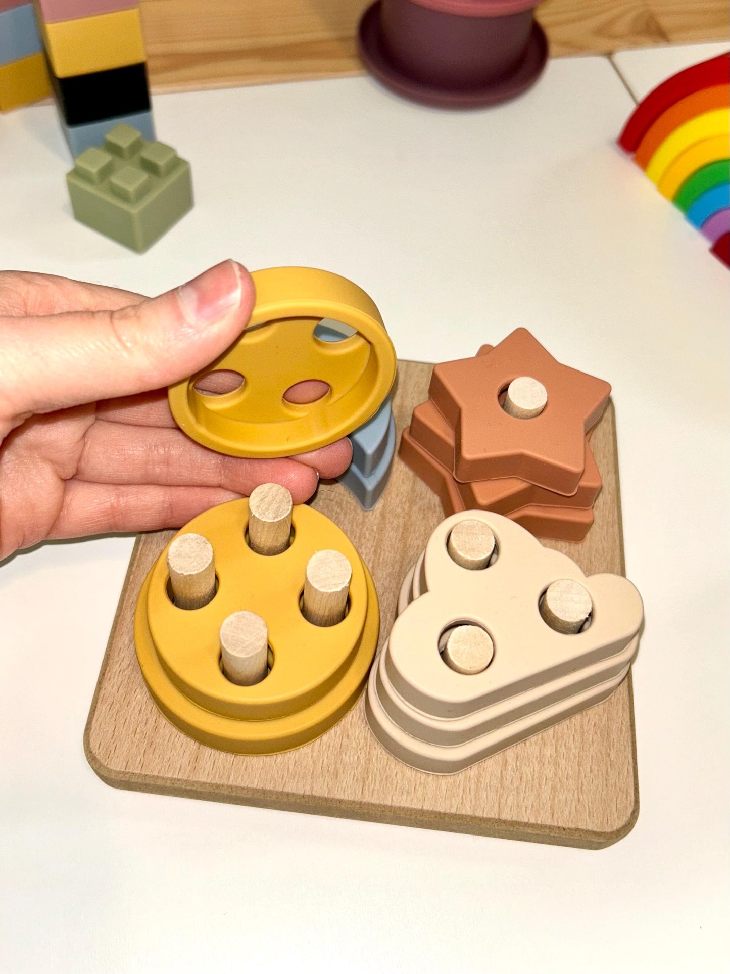 Montessori Puzzle with Silicone Simple Shapes | Toys for Toddlers | Fine Motor Skill Builder | Children Wooden Base + Soft Silicone Pieces