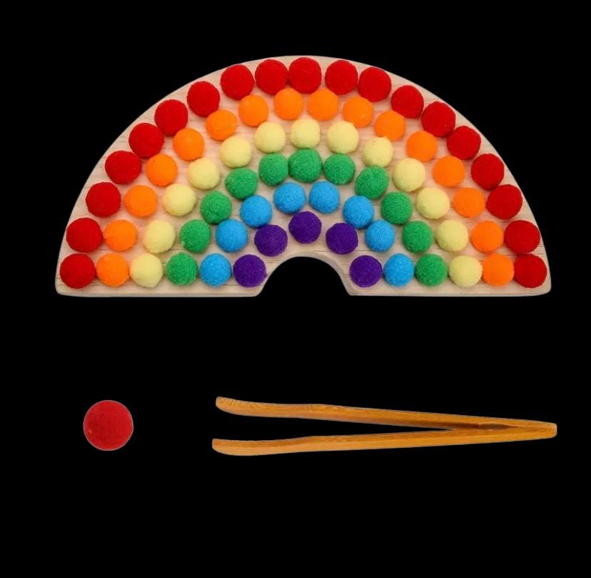 Wooden Rainbow Color Sorter Toy with Pompoms & Wood Tweezers | Montessori Fine Motor Activity | Toddler Sorting Game | Sensory Play Learning