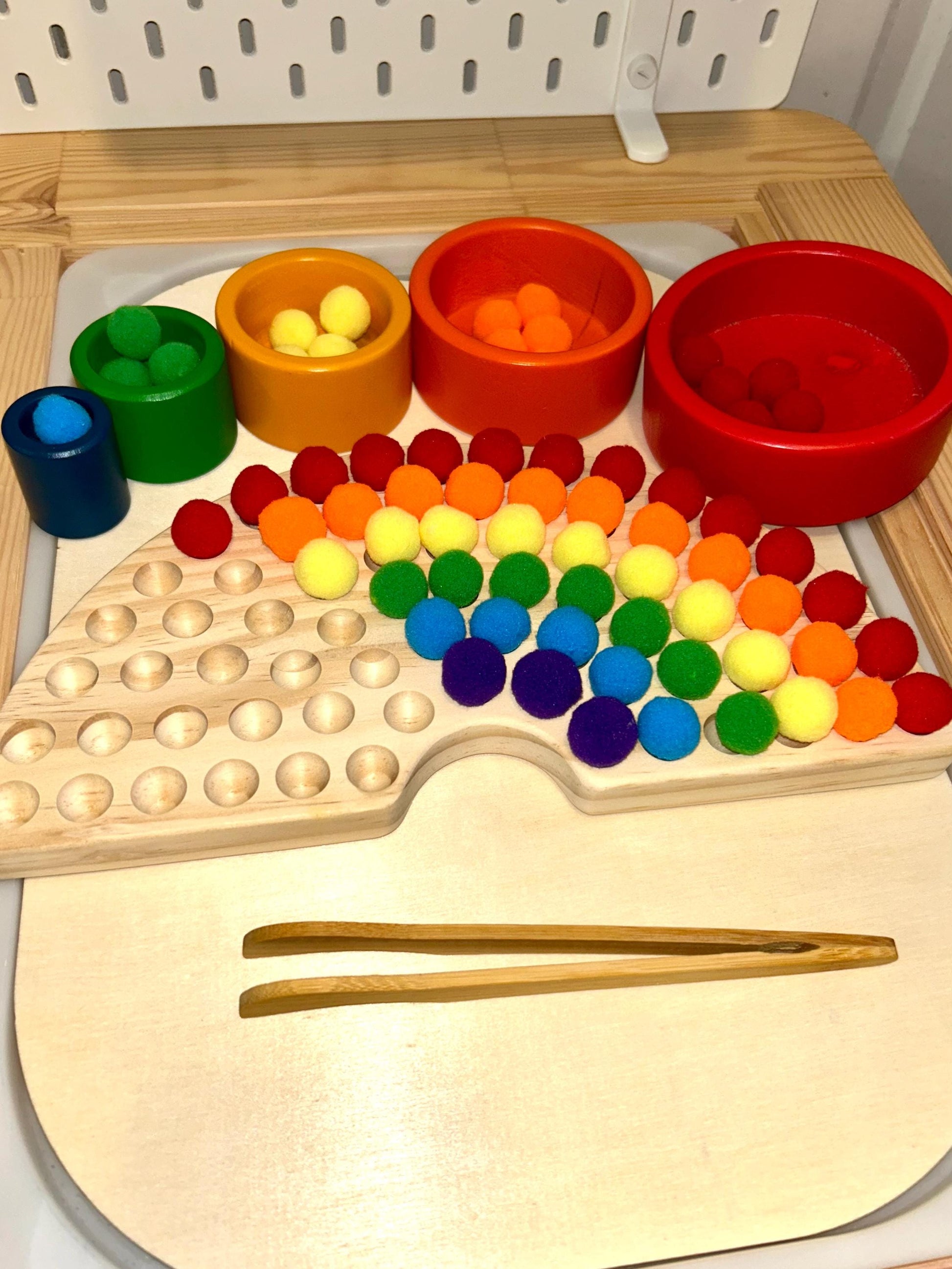Wooden Rainbow Color Sorter Toy with Pompoms & Wood Tweezers | Montessori Fine Motor Activity | Toddler Sorting Game | Sensory Play Learning