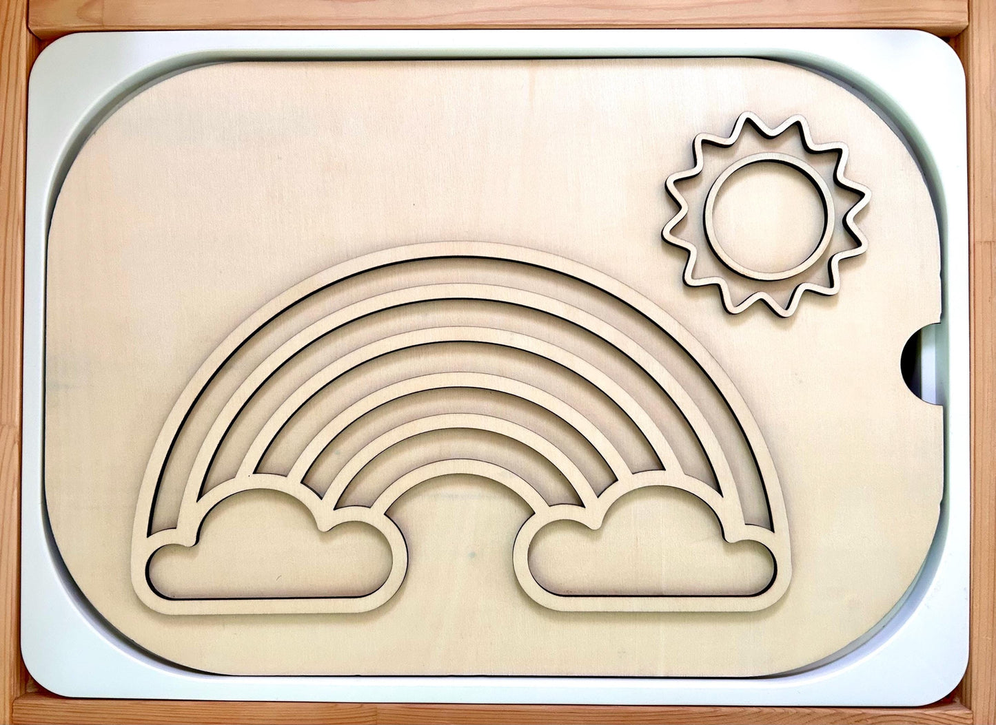 Fillable TROFAST Lid | Wooden Flisat Sensory Table Insert | Rainbow & Sunshine Shapes | Unfinished or Handpainted Montessori Activity