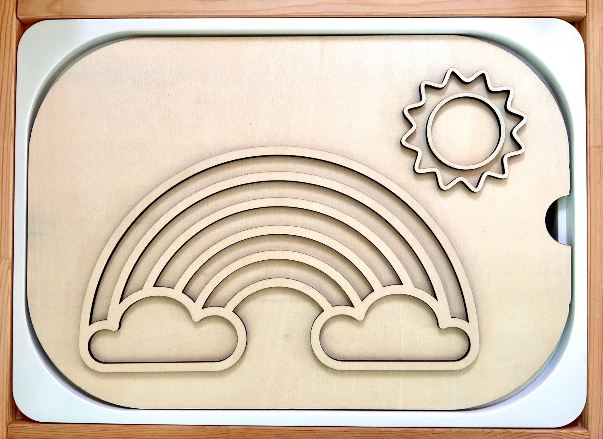 Fillable TROFAST Lid | Wooden Flisat Sensory Table Insert | Rainbow & Sunshine Shapes | Unfinished or Handpainted Montessori Activity