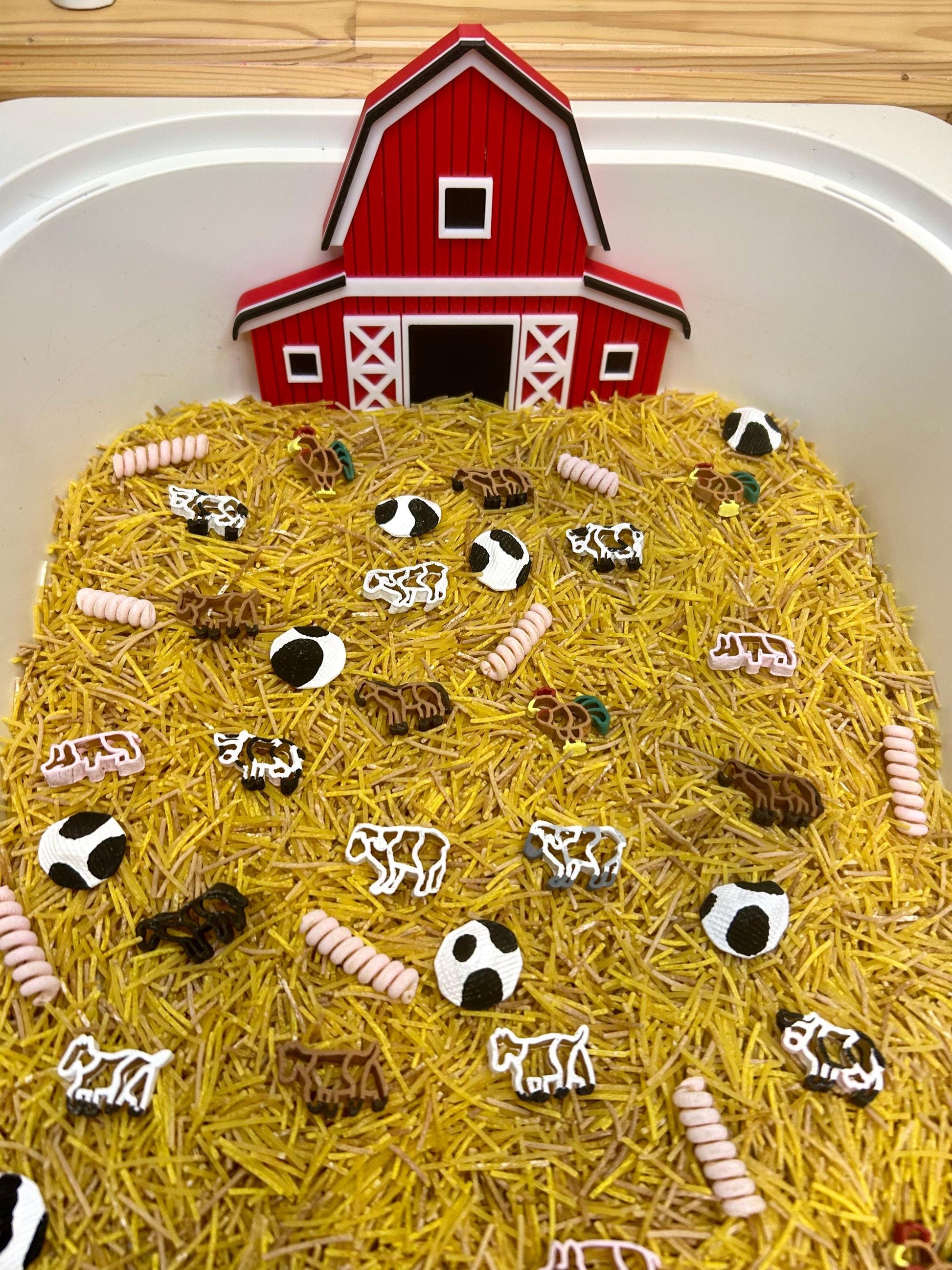 Farm Animals Sensory Filler | Barnyard Sensory Bin Mix | Hay Pasta Sensory Play | Painted Farm Animals | Fall Montessori Small World Play