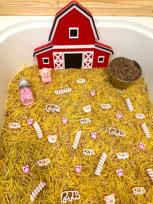 Farmyard Sensory Filler Mix | Pig-Themed Play Bin Filler | Hay & Brown Rice “Mud” | Pink Pig Tail Pasta | Piglet Farm Sensory Play for Kids