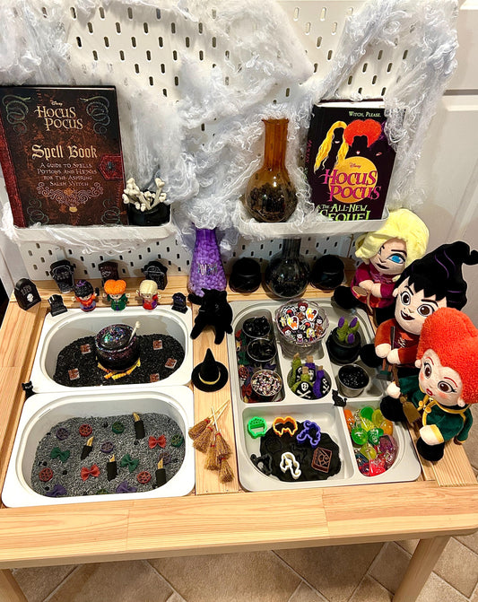 Witch Sisters Sensory Filler Mix | Hocus Pocus Inspired Play Bin Filler | Miniature Spellbook | Black Flame Candle Mix | Halloween Sensory