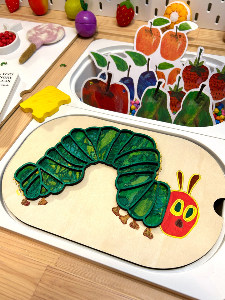Small Hungry Caterpillar TROFAST Lid | Wooden Flisat Sensory Table Insert | Fillable Learning Tray | Pretend Play | Montessori Activity