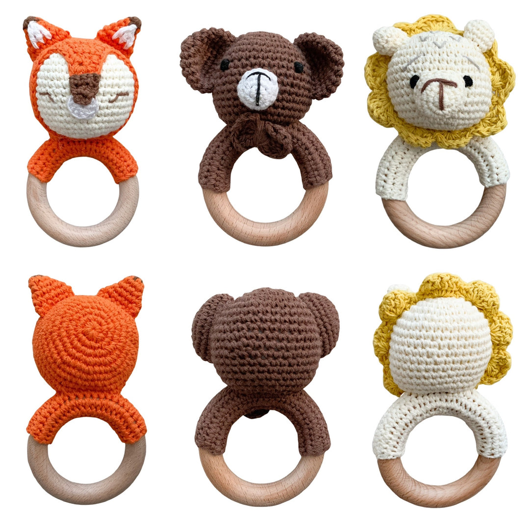 Wooden Crochet Animal-Shaped Baby Rattle