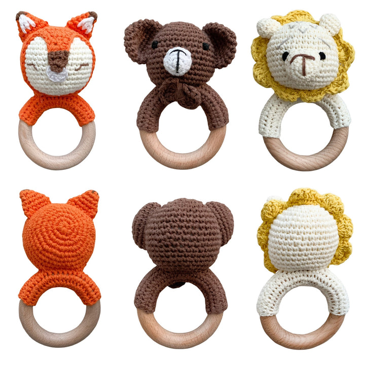 Wooden Crochet Animal-Shaped Baby Rattle