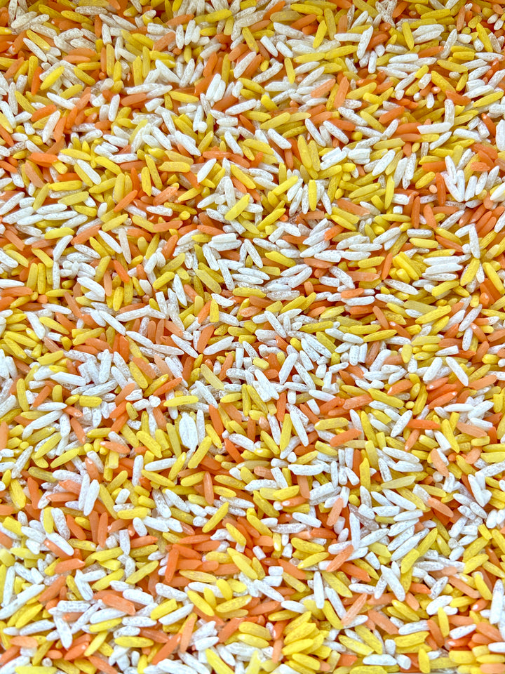 Candy Corn Craze Sensory Filler | Halloween Sensory Rice Mix with Handpainted Pasta