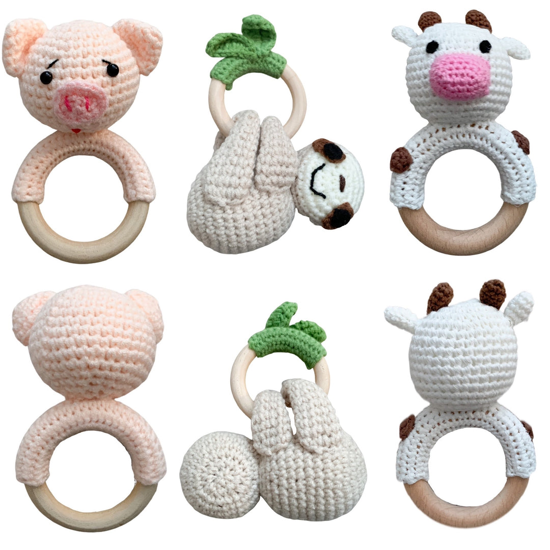Wooden Crochet Animal-Shaped Baby Rattle