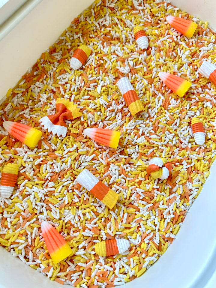 Candy Corn Craze Sensory Filler | Halloween Sensory Rice Mix with Handpainted Pasta