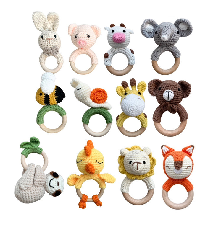 Wooden Crochet Animal-Shaped Baby Rattle