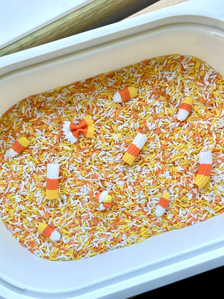 Candy Corn Craze Sensory Filler | Halloween Sensory Rice Mix with Handpainted Pasta