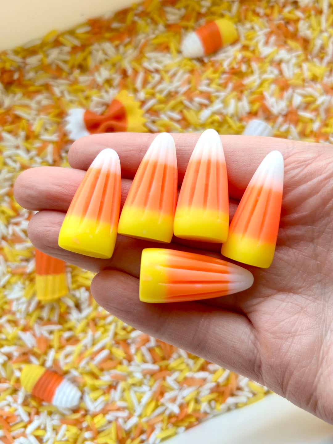 Candy Corn Craze Sensory Filler | Halloween Sensory Rice Mix with Handpainted Pasta