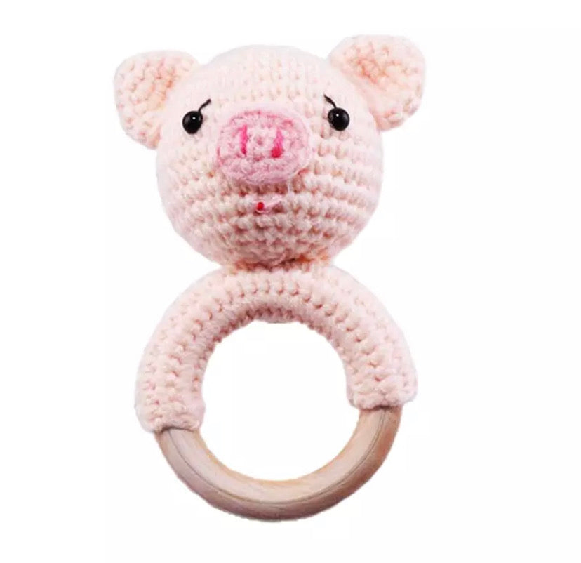 Wooden Crochet Animal-Shaped Baby Rattle