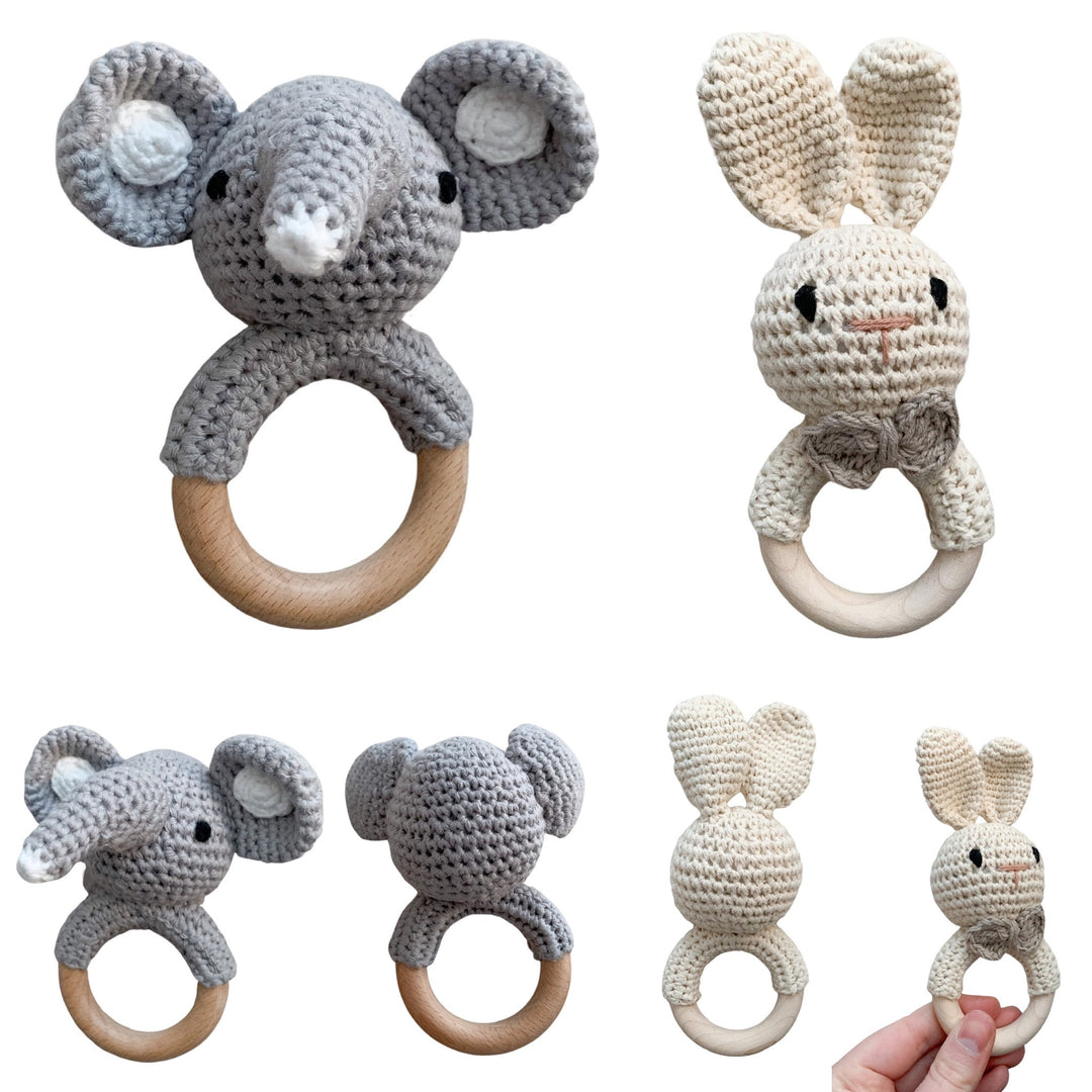 Wooden Crochet Animal-Shaped Baby Rattle