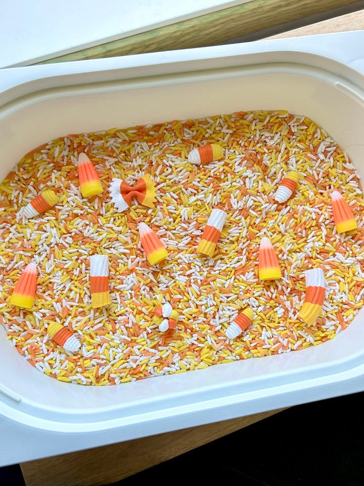 Candy Corn Craze Sensory Filler | Halloween Sensory Rice Mix with Handpainted Pasta