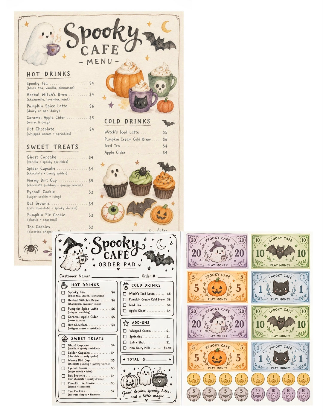 Spooky Café Dramatic Play Set | Free Printable Menu, Order Pad &amp; Play Money