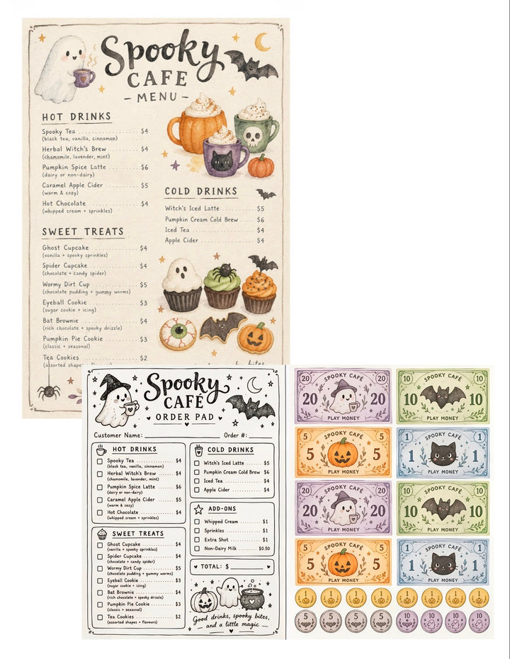 Spooky Café Dramatic Play Set | Free Printable Menu, Order Pad &amp; Play Money