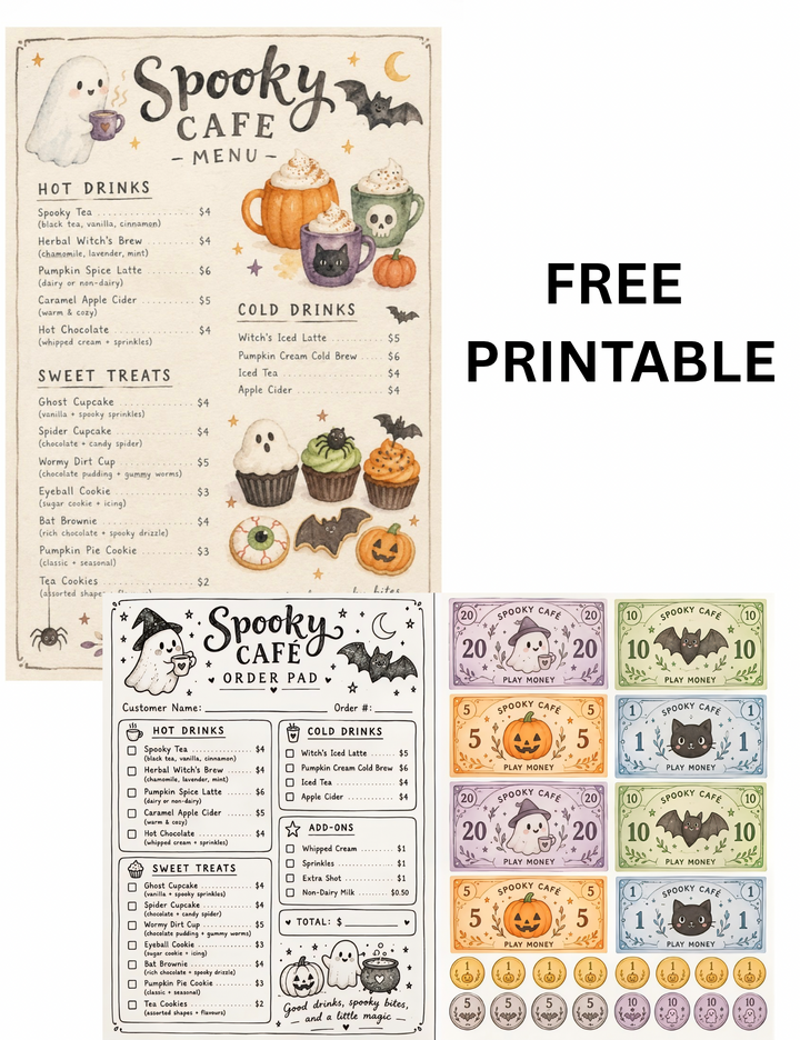 Spooky Café Dramatic Play Set | Free Printable Menu, Order Pad &amp; Play Money