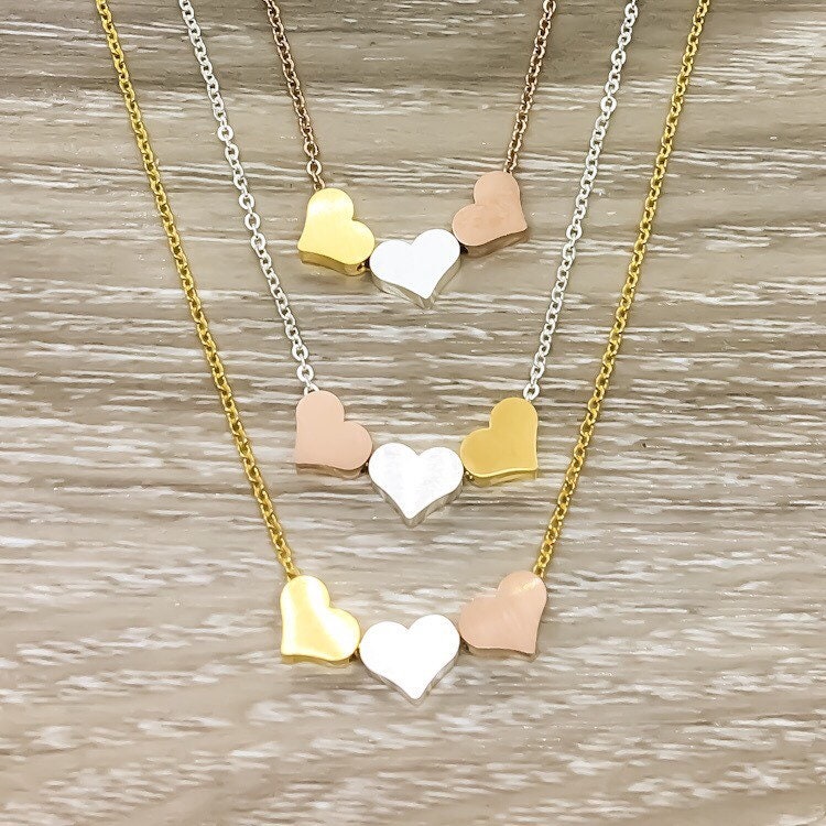 Side By Side or Miles Apart Sisters Gift, 3 Heart Necklace, Connected by the Heart, Gift from Sister, Sorority Jewelry, Dainty Heart Pendant