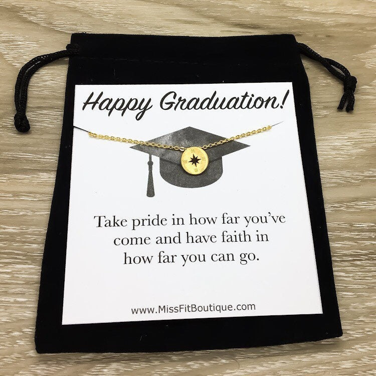 Happy Graduation, Tiny Compass Necklace, Class of 2023 Card, Graduation Necklace, Custom Grad Gift, Gift for Daughter, Proud Mom Gift