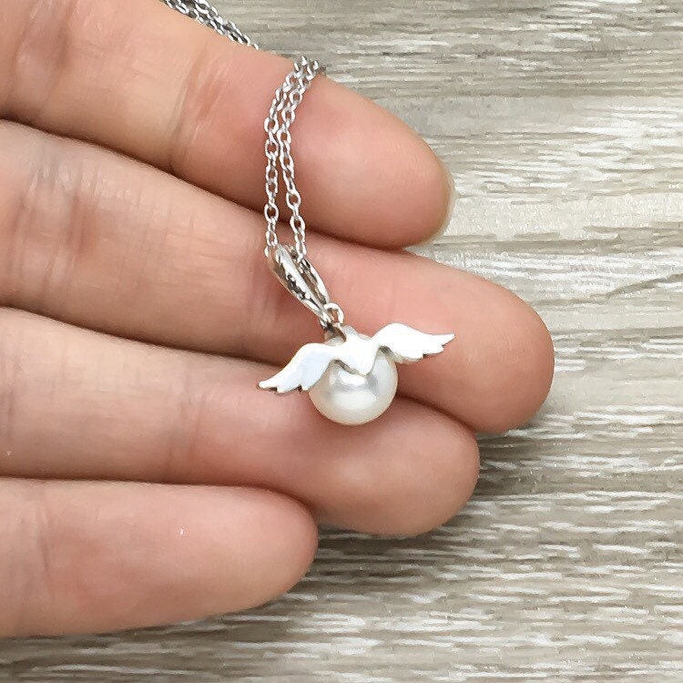 In Memory Of, Loss of Mother Gift, Sterling Silver Pearl Angel Necklace, Bereavement Keepsake, Tiny Angel Necklace, Loss of Dad Gift, Grief