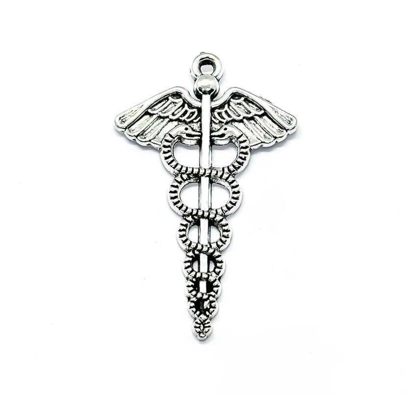 1 Breloque Caducée Argent, Breloques individuelles, Breloque Symbole Médical, Breloques Anatomie, Breloques Biologie, Breloque Médicale, Breloques Médecin, Apprêts