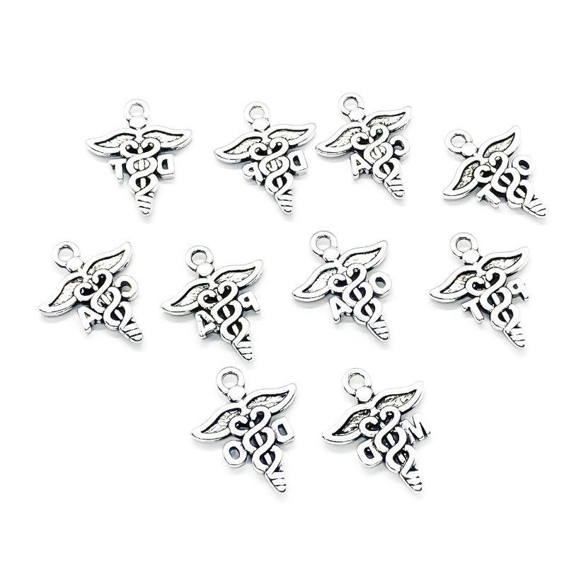 1 Breloque Caducée Argent, Breloques individuelles, Breloque MD, Breloque Symbole Médical, Breloques Soins Infirmiers, Kinésithérapeute, Breloques Médicales, Médecin