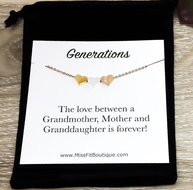 Tiny 3 Hearts Necklace Card, Dainty Heart Necklace, Generations Gift for Mom, Grandmother Necklace, Minimalist Jewelry, Mother Necklace