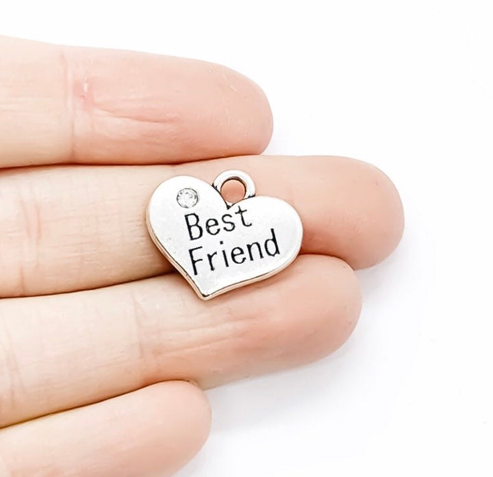 Breloque « Meilleure amie », breloque en forme de cœur, breloque en argent antique avec strass, breloques individuelles, breloque BFF, cadeau pour meilleure amie, bijou à faire soi-même