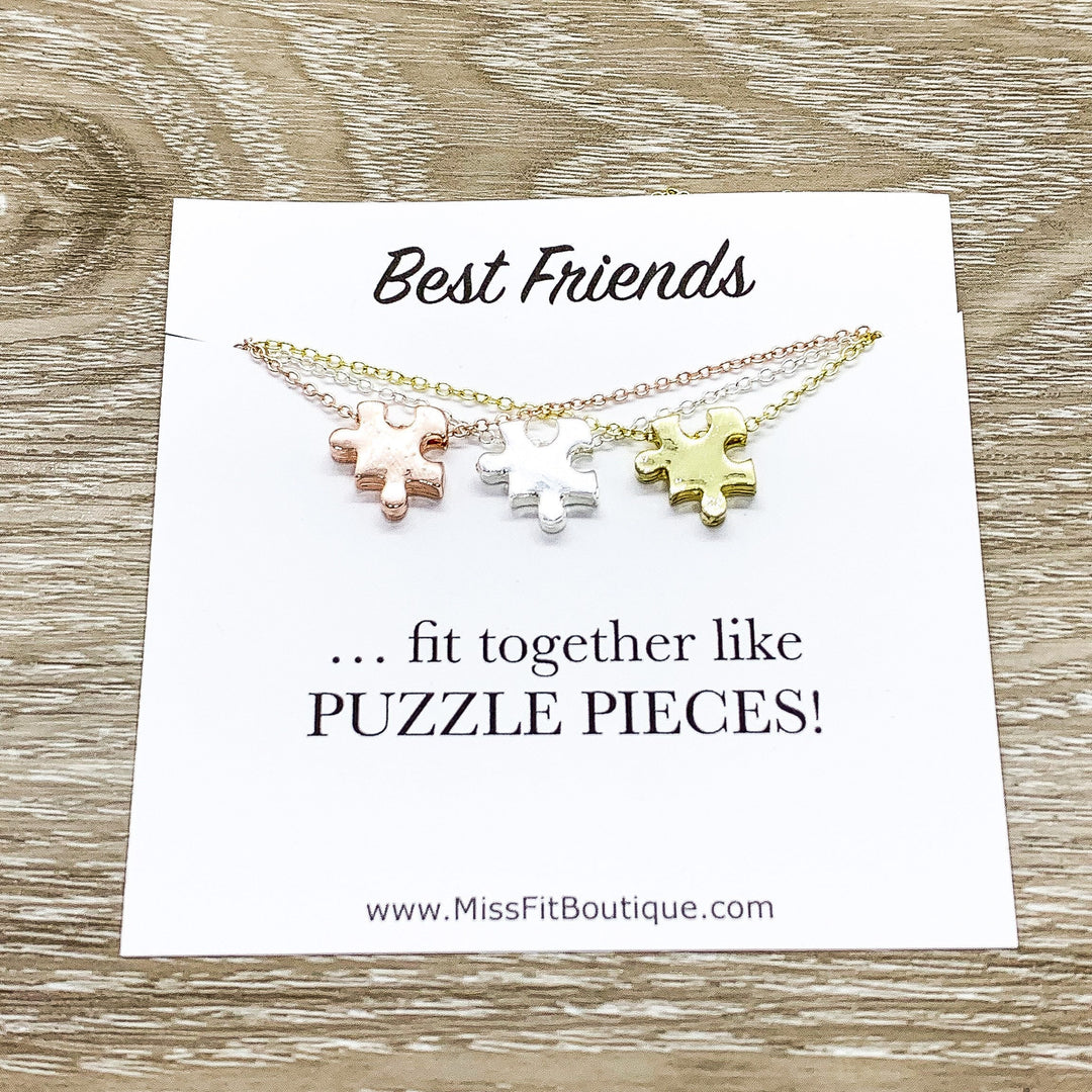 Ensemble de 3 colliers pour meilleures amies, colliers puzzle assortis, bijoux puzzle en or rose, carte citation amitié, cadeau pour amies, bijoux à partager
