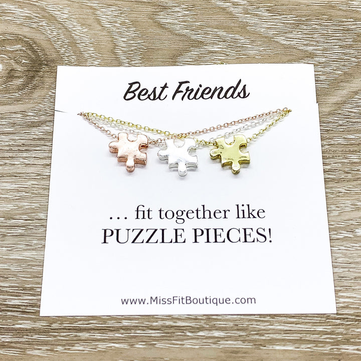 Ensemble de 3 colliers pour meilleures amies, colliers puzzle assortis, bijoux puzzle en or rose, carte citation amitié, cadeau pour amies, bijoux à partager