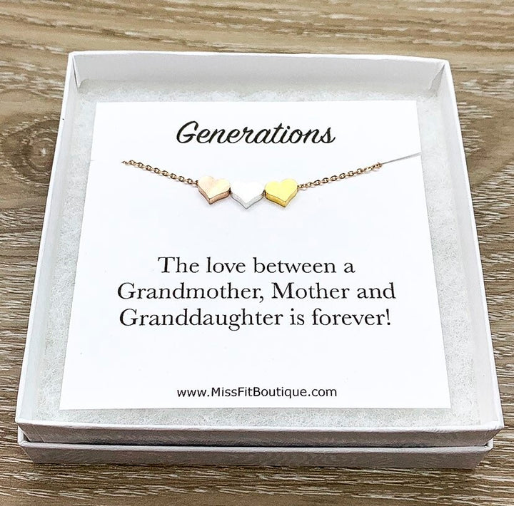 Tiny 3 Hearts Necklace Card, Dainty Heart Necklace, Generations Gift for Mom, Grandmother Necklace, Minimalist Jewelry, Mother Necklace