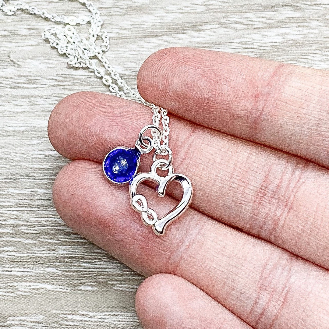 Aunt & Niece, Tiny Silver Infinity Heart Necklace with Card, Birthstone, Gift Box