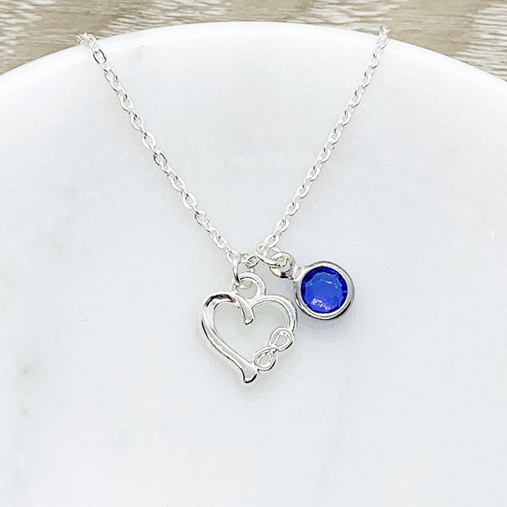 Aunt & Niece, Tiny Silver Infinity Heart Necklace with Card, Birthstone, Gift Box