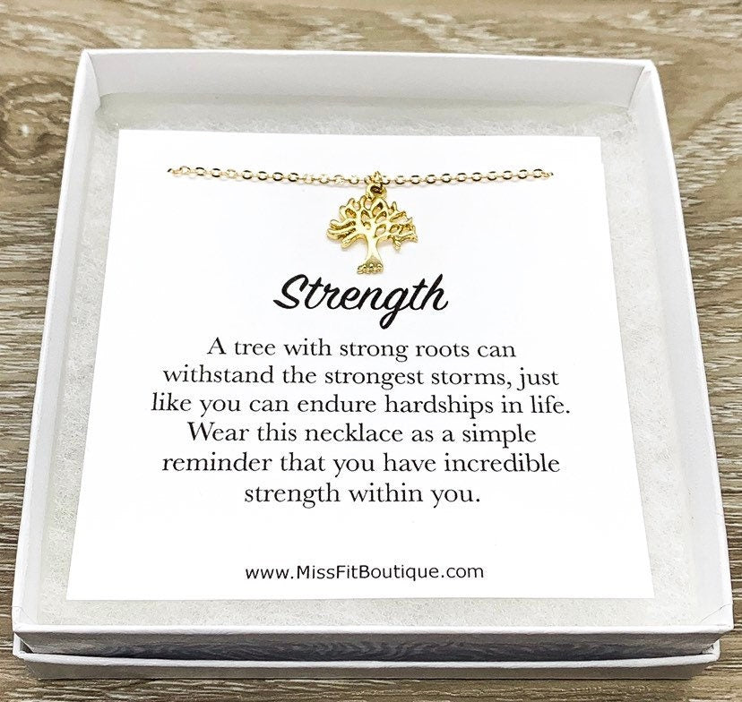Collier Petit Arbre, Bijou Force, Citation sur un arbre aux racines fortes, Carte inspirante, Cadeau pour amoureux de la nature, Cadeau pour survivant, Message réconfortant