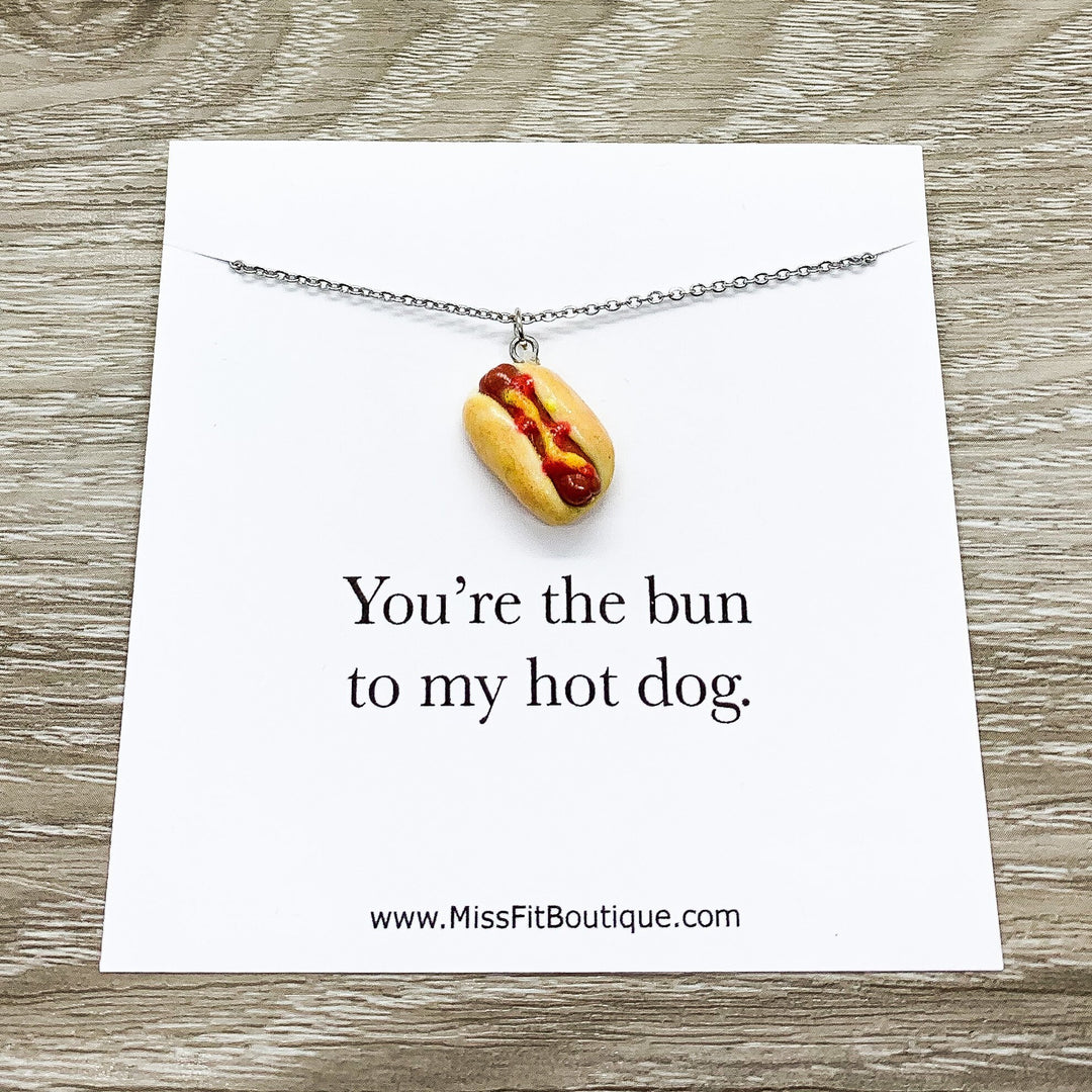 Tiny Hotdog Charm Necklace, You Are The Bun To My Hotdog Card, Miniature Food Necklace, Friendship Gift, Cute Friends Birthday, Funny Card