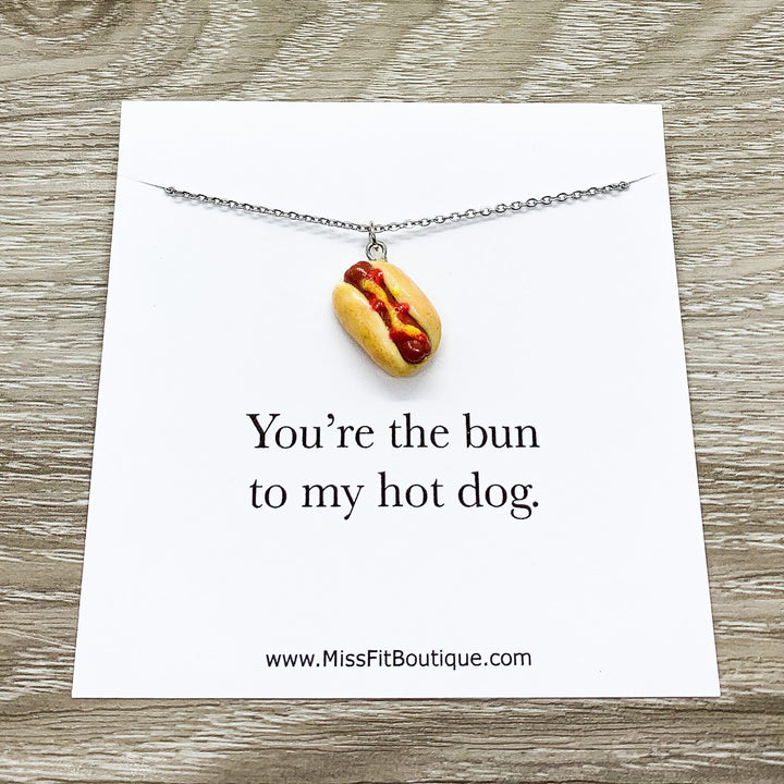 Tiny Hotdog Charm Necklace, You Are The Bun To My Hotdog Card, Miniature Food Necklace, Friendship Gift, Cute Friends Birthday, Funny Card