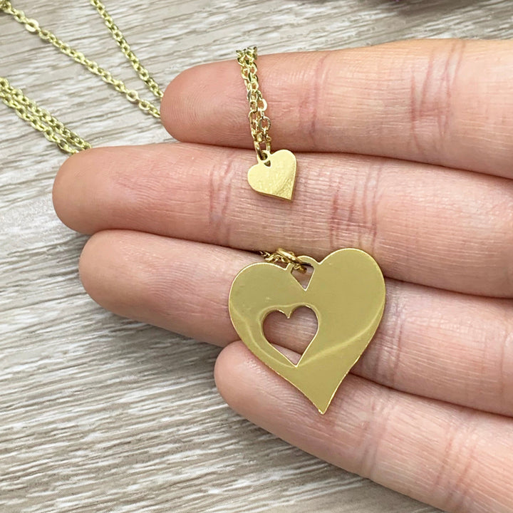 Aunt and Niece, Hearts Necklace Set for 2 with Card, Gift Box, Gold, Silver