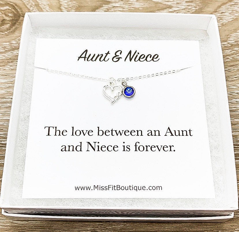 Aunt & Niece, Tiny Silver Infinity Heart Necklace with Card, Birthstone, Gift Box