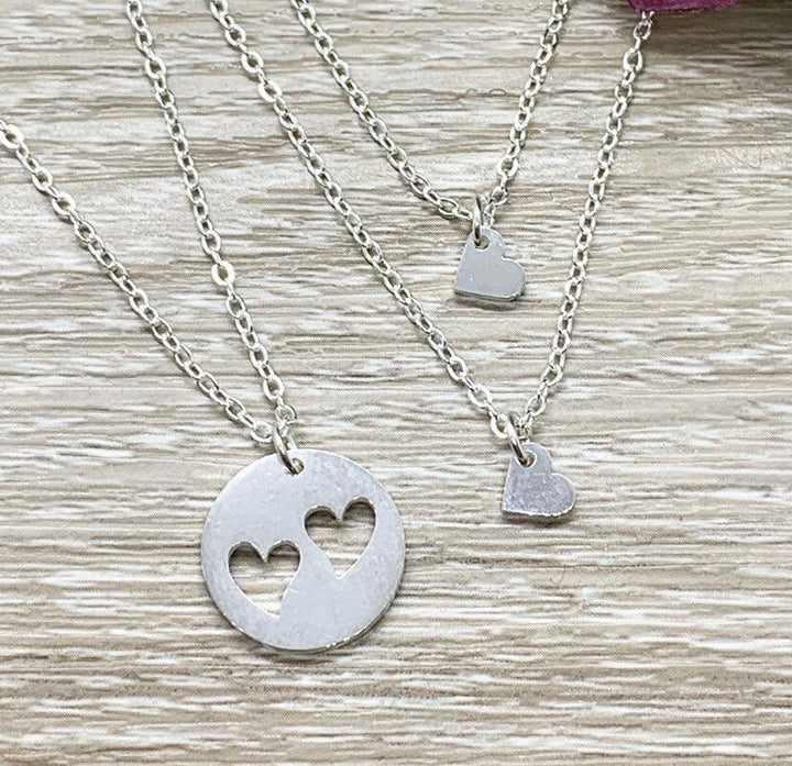 Mother with 2 Daughters Gift, Sharable Necklace Set for 3, Gift for Mom Matching Necklaces, Tiny Heart Cutout Pendant, Gift for Best Friends