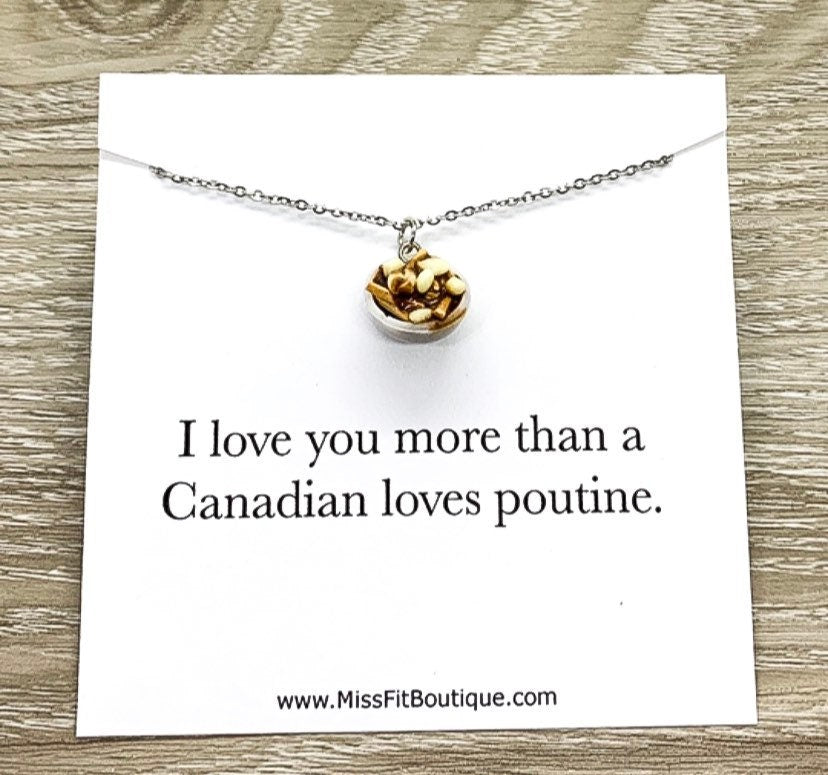 Collier pendentif poutine miniature, carte « Je t'aime plus qu'un Canadien n'aime la poutine », collier miniature gourmand, cadeau d'amitié, joli cadeau d'anniversaire