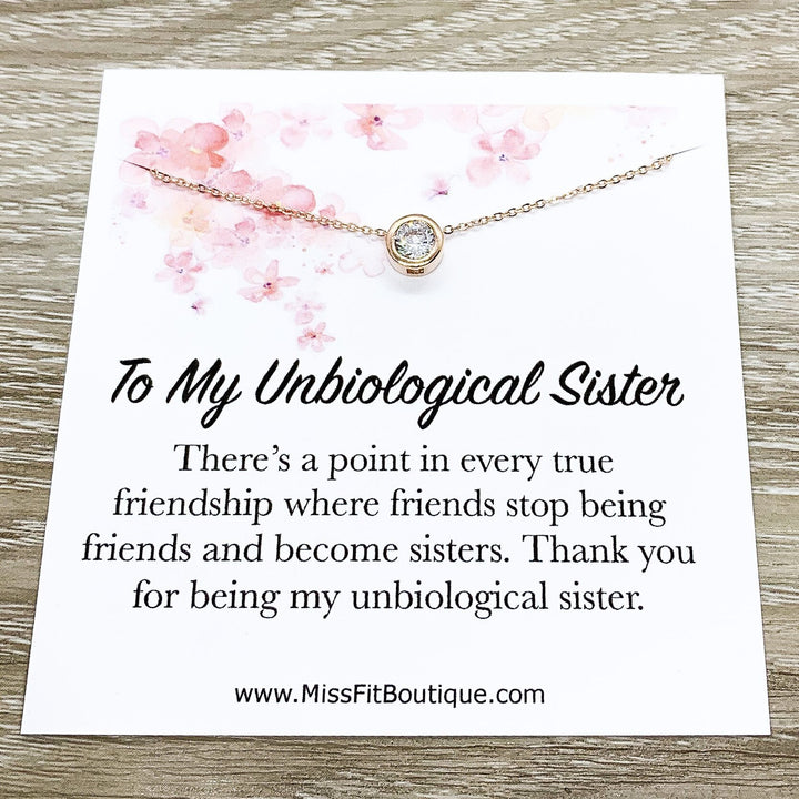 Unbiological Sister Jewelry, Friendship Gift, Tiny Round Crystal Necklace, Rose Gold Solitaire Pendant, Bonus Sister Gift, Gift for Friend