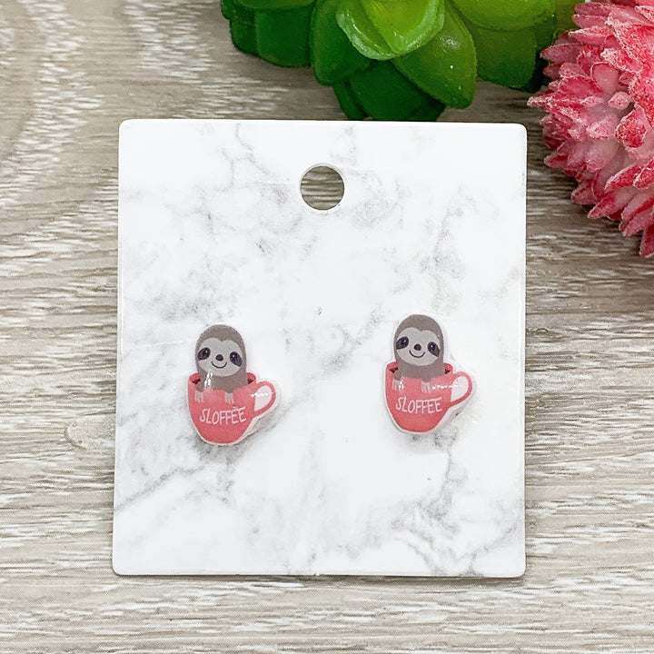 Sloth Earrings, Sloffee, Sloth Coffee Cup, Tiny Shrink Plastic Stud Earrings, Animal Lover Jewelry, Cute Earrings, Unique Studs, Birthday