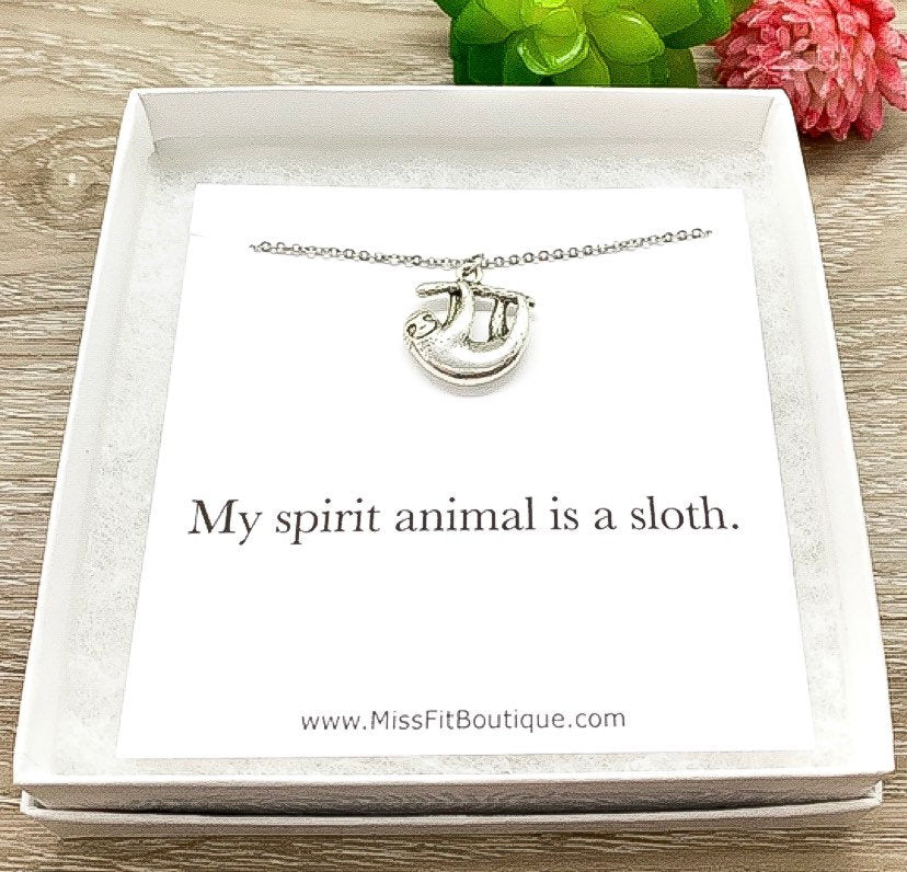Spirit Animal, Hanging Sloth Necklace, Dainty Silver Sloth Pendant, Animal Lover Jewelry, Cute Necklace, Uplifting Gift, Custom Message Card