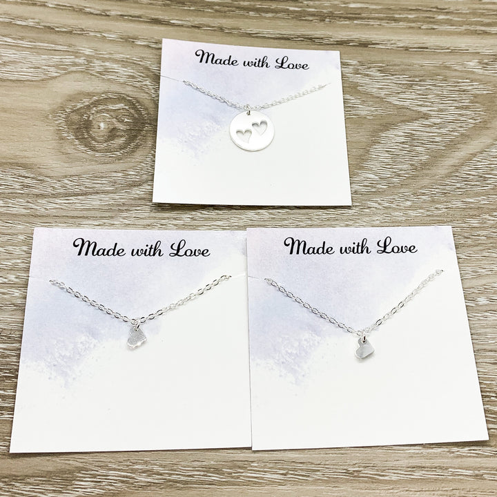 Mother with 2 Daughters Gift, Sharable Necklace Set for 3, Gift for Mom Matching Necklaces, Tiny Heart Cutout Pendant, Gift for Best Friends